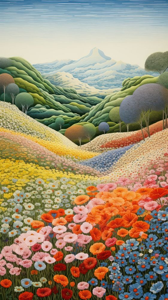 Illustration of a hilly flower field landscape painting outdoors.