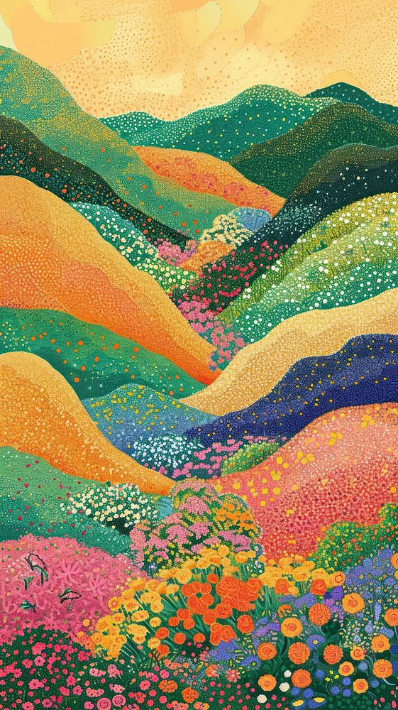 Illustration of a hilly flower field painting landscape art.