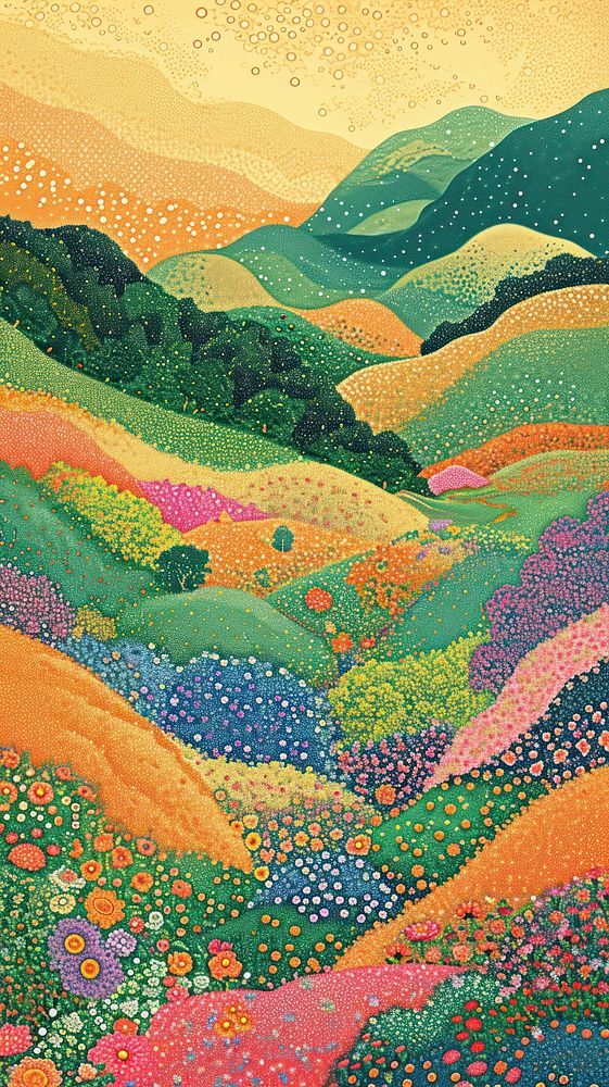 Illustration of a hilly flower field painting landscape outdoors.