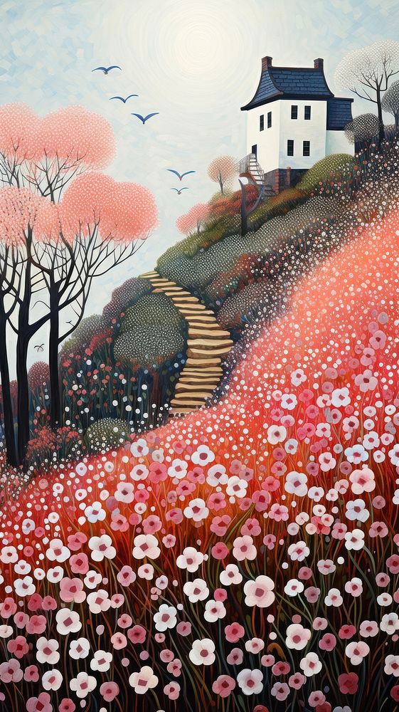 Illustration of a house on a hill painting flower architecture.