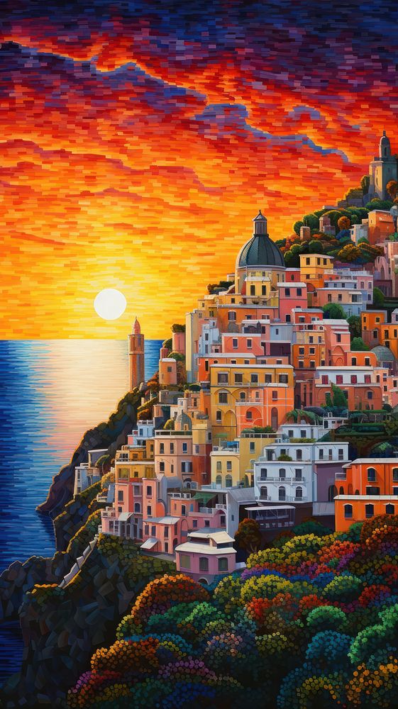 Illustration of a Italian town on a coastal cliff architecture landscape cityscape.