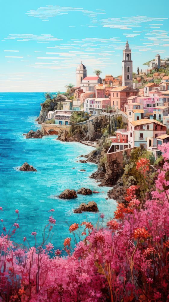 Illustration of a Italian town on a coastal cliff architecture outdoors building.