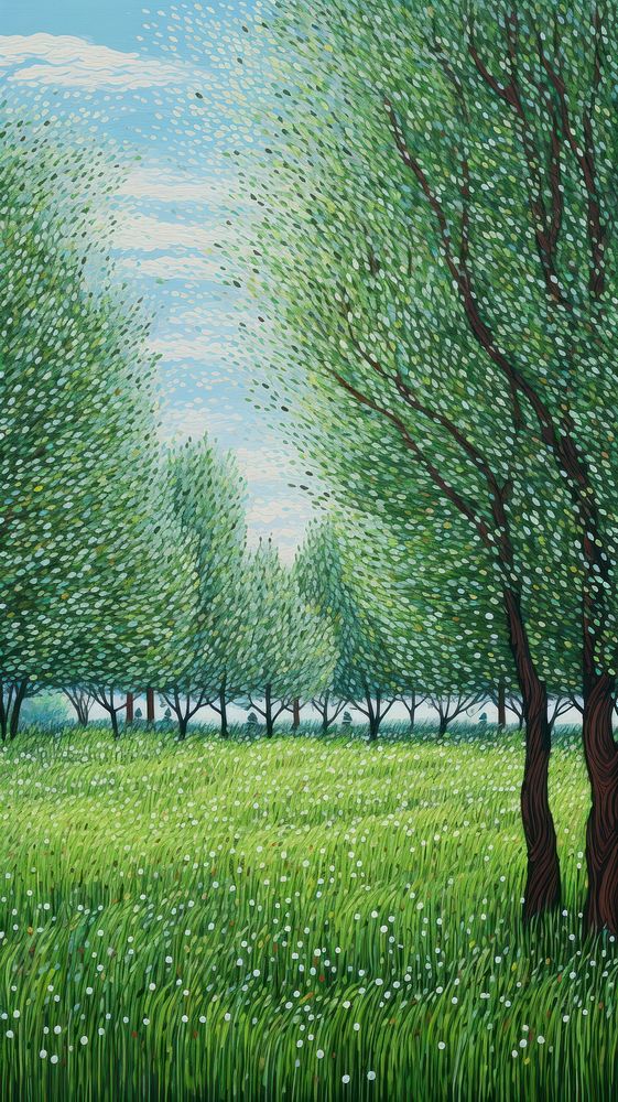 Landscape painting tree grassland.