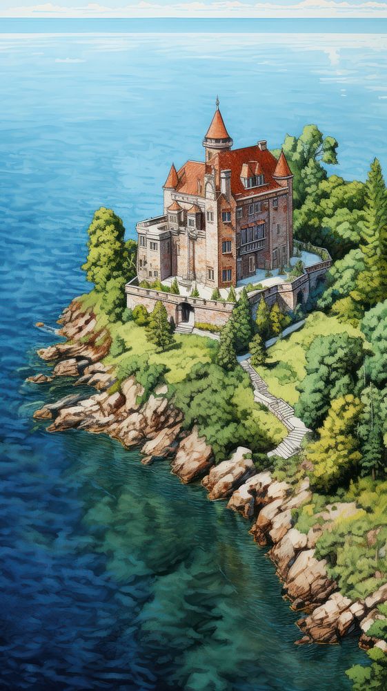 Illustration of a mansion on a coastal cliff architecture building outdoors.