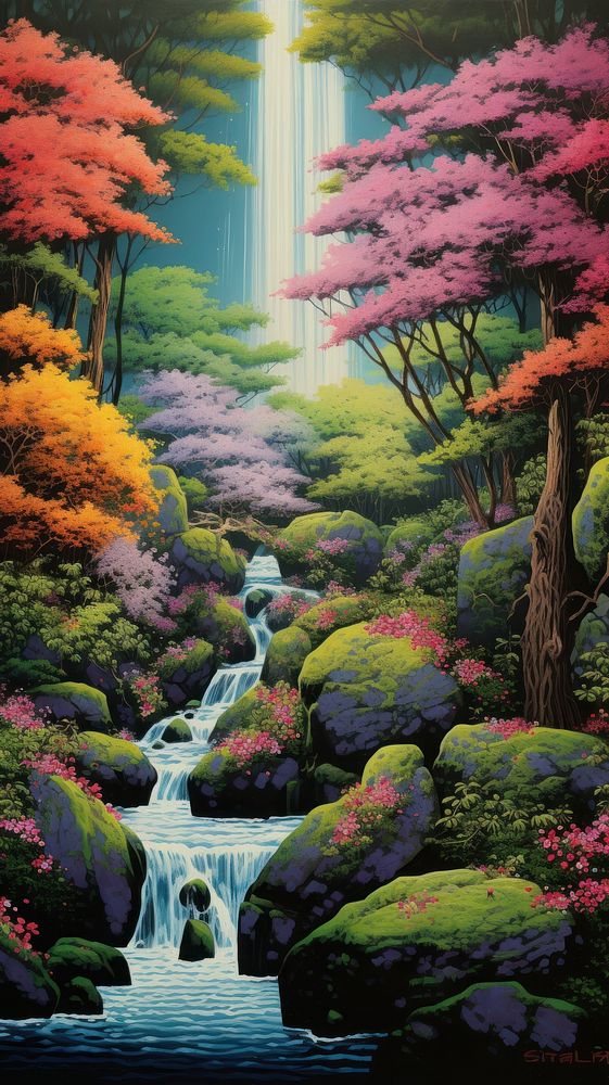 Illustration of a mossy waterfall landscape painting tree.