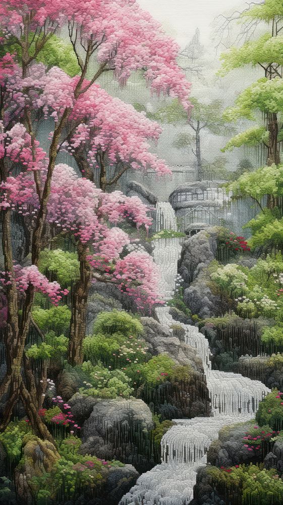 Illustration of a mossy waterfall painting flower tree.