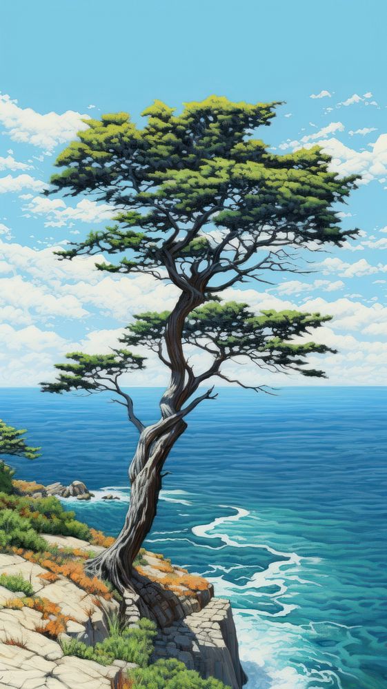 Illustration of a pine tree on a coastal cliff landscape outdoors nature.