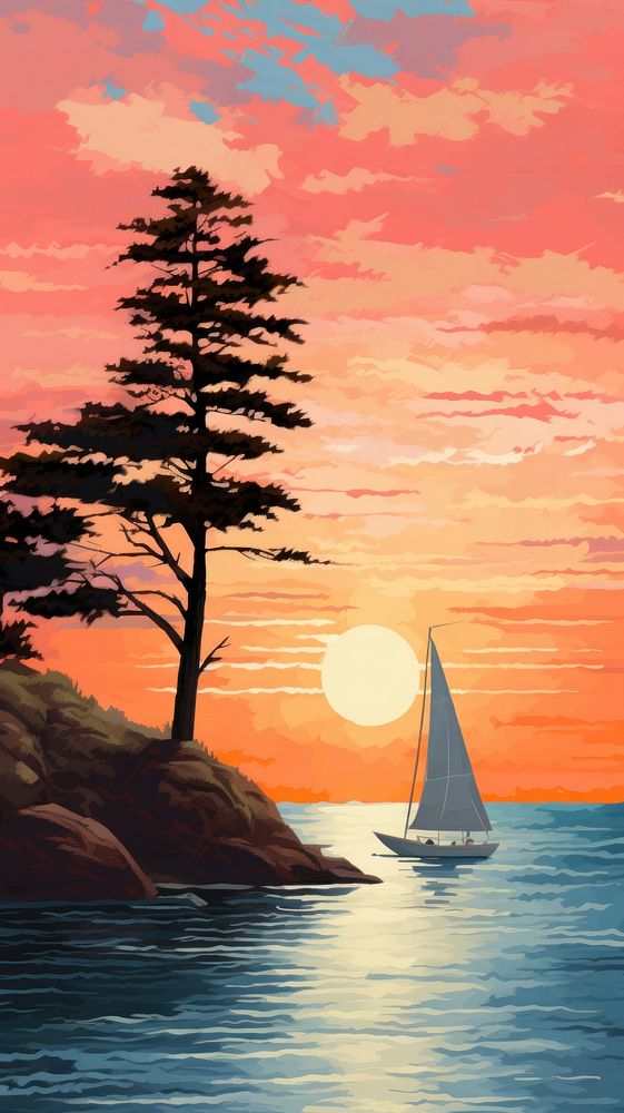 Illustration of a pine tree on a coastal cliff sailboat painting sky.