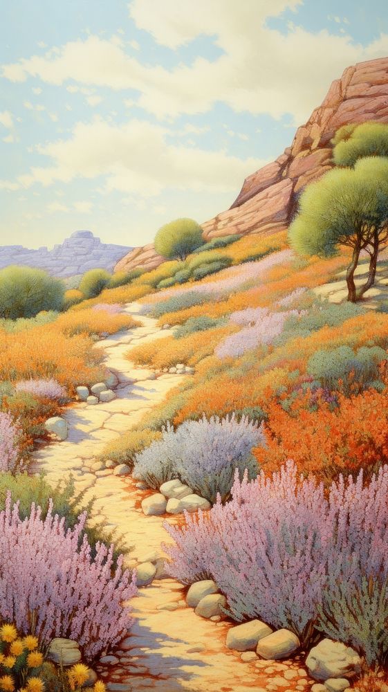 Illustration of a rocky desert hill landscape painting flower.