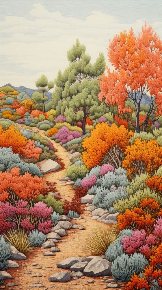 Illustration of a rocky desert hill landscape painting tree.