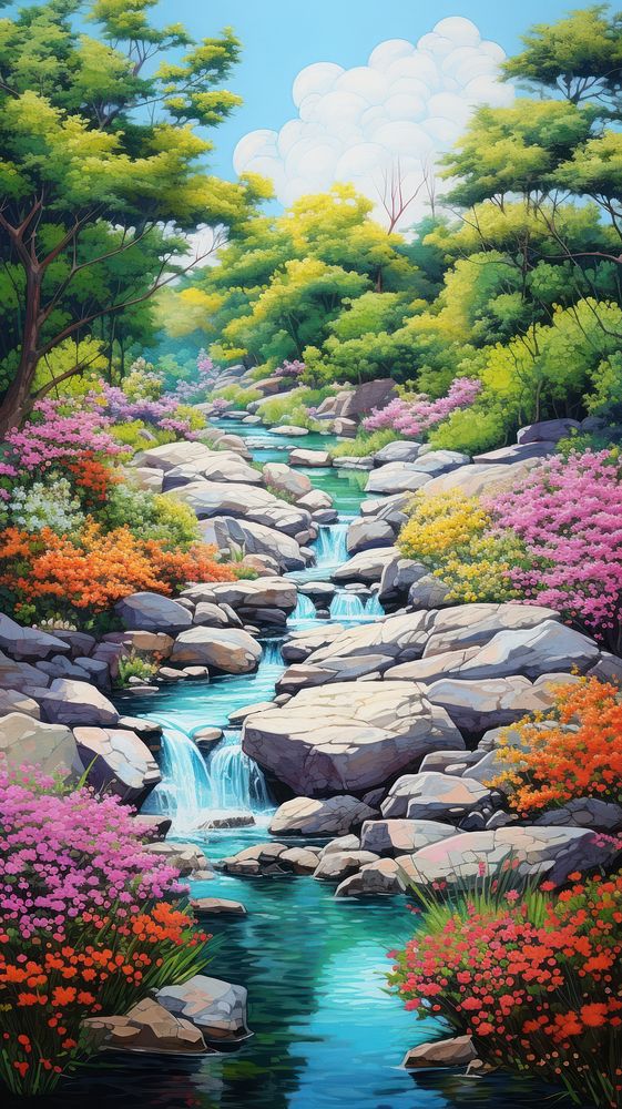 Illustration of a rocky river landscape flower tree.