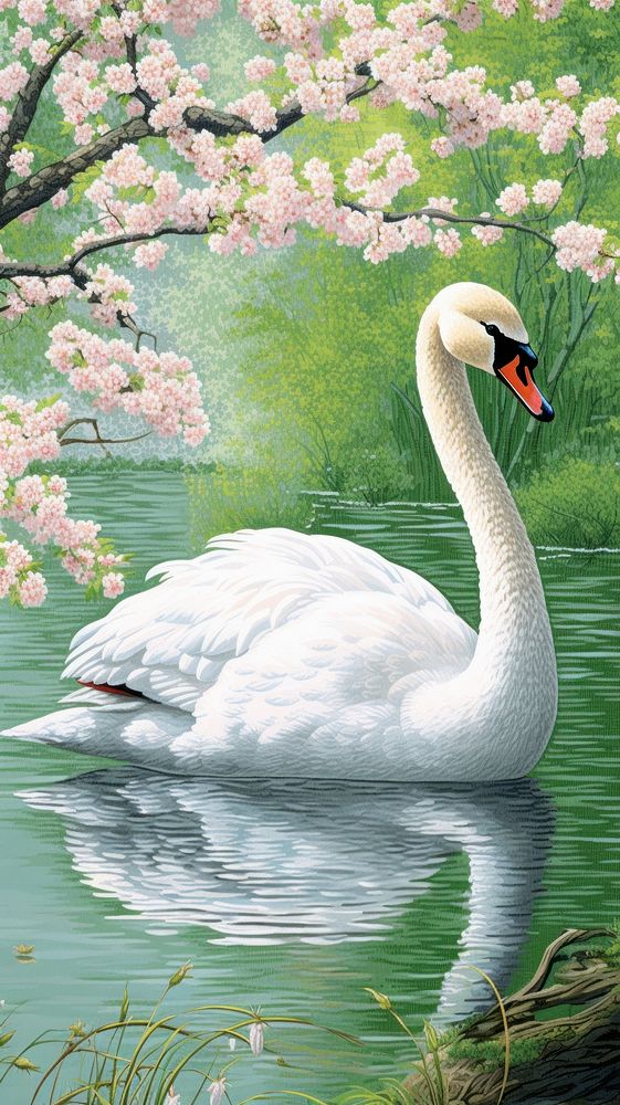 Illustration of a swan in calm lake outdoors animal flower.