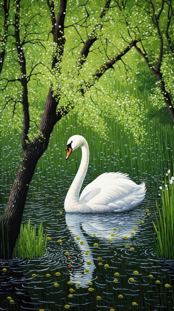 Illustration of a swan in calm lake outdoors animal nature.