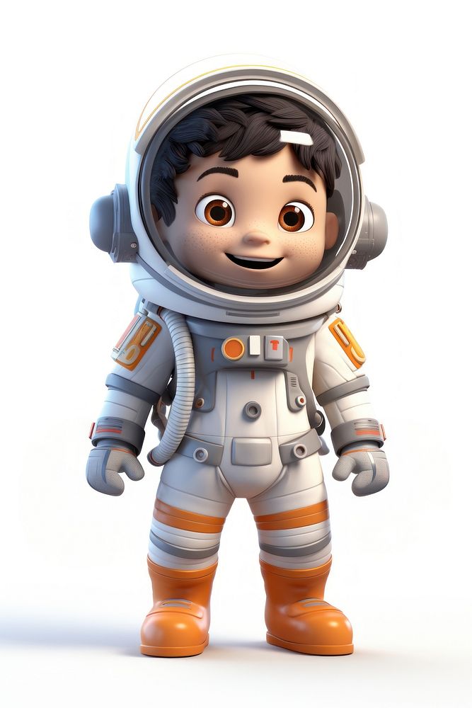 Kid wearing space suit robot toy white background.