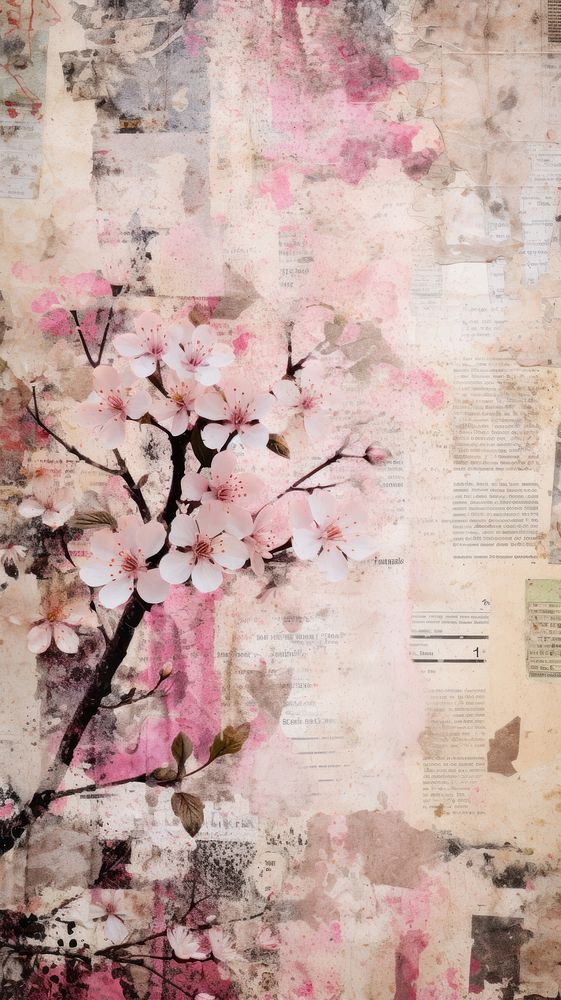Wallpaper ephemera pale Cherry blossom Antique flower plant art.