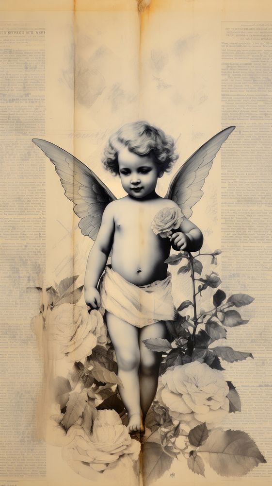 Wallpaper ephemera pale cherub Antique angel baby representation.