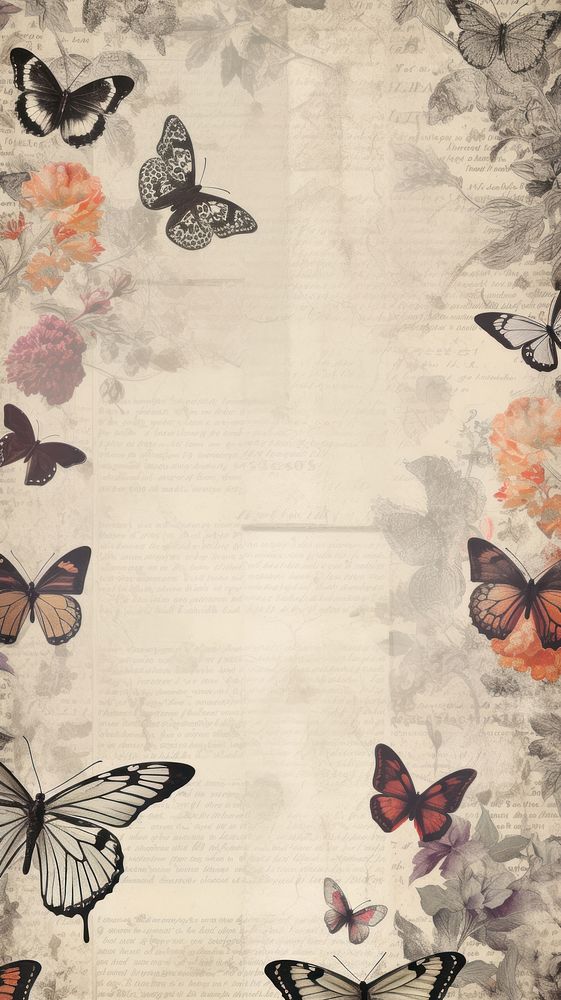 Wallpaper ephemera pale Butterfly Antique butterfly collage plant.