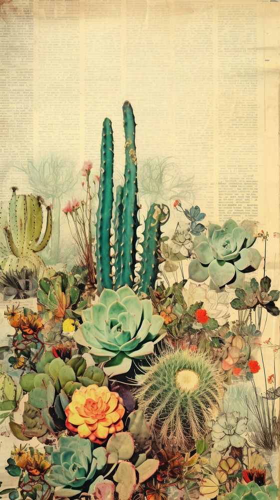Wallpaper ephemera pale Cactus Antique cactus flower plant.