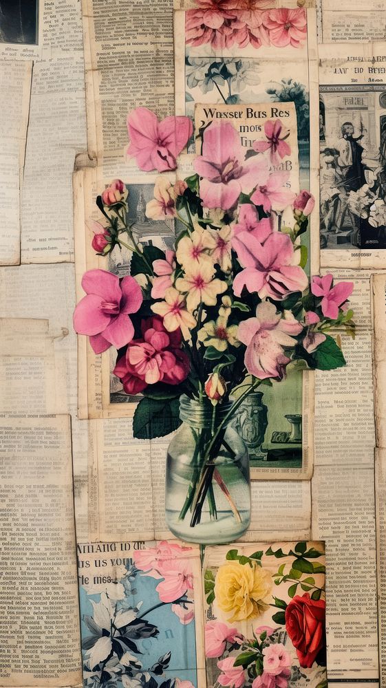 Wallpaper ephemera pale Birthday cake Antique newspaper collage flower.