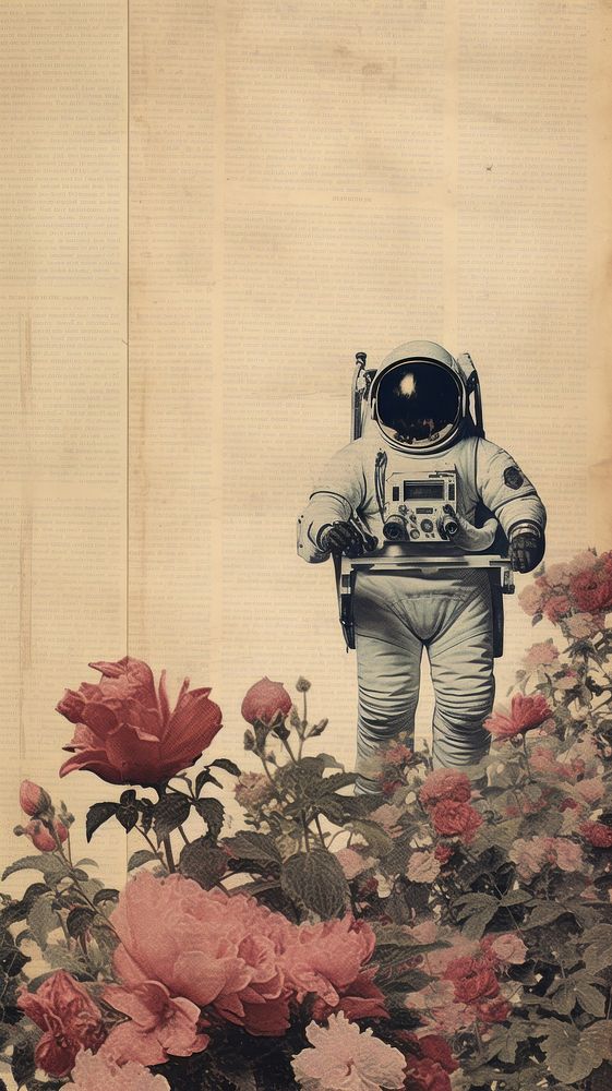 Wallpaper ephemera pale astronaut Antique flower plant representation.