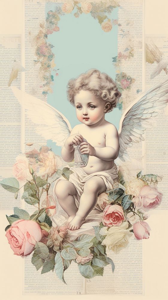 Wallpaper ephemera pale cherub painting angel baby.