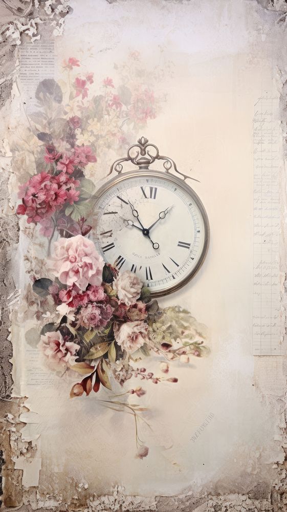 Wallpaper ephemera pale clock Antique painting flower plant.