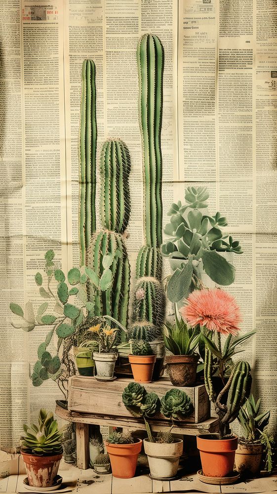 Wallpaper ephemera pale Cactus Antique cactus plant houseplant.
