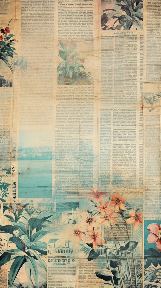 Wallpaper ephemera pale Beach Antique newspaper plant herbs.