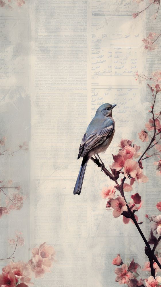 Wallpaper ephemera pale Bird Antique bird blossom flower.