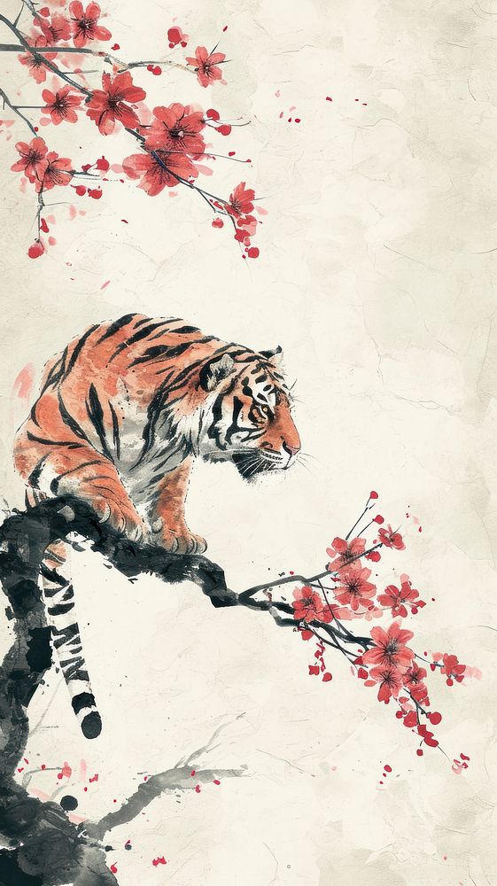 Tiger wildlife painting blossom.