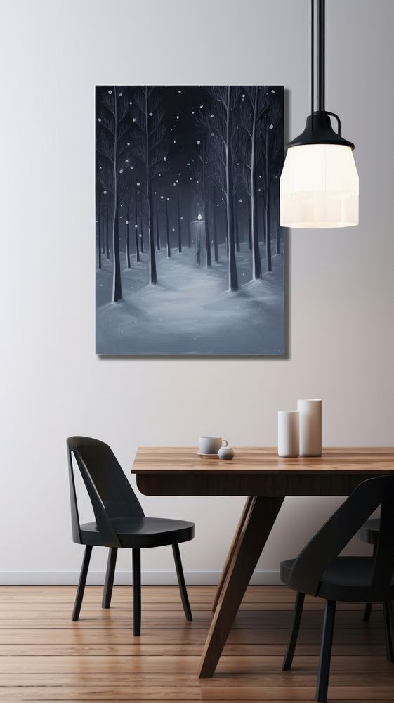Minimal space winter night with snowing furniture lighting chair.