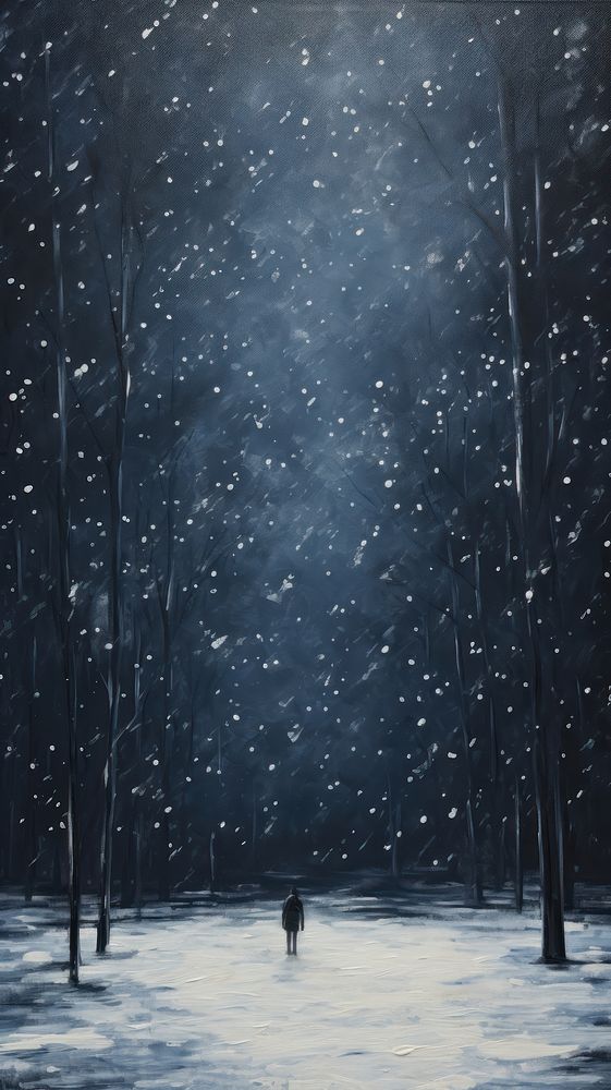 Minimal style winter night with snowing outdoors nature forest.