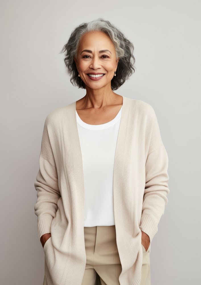 Cream cardigan  sweater smile retirement.