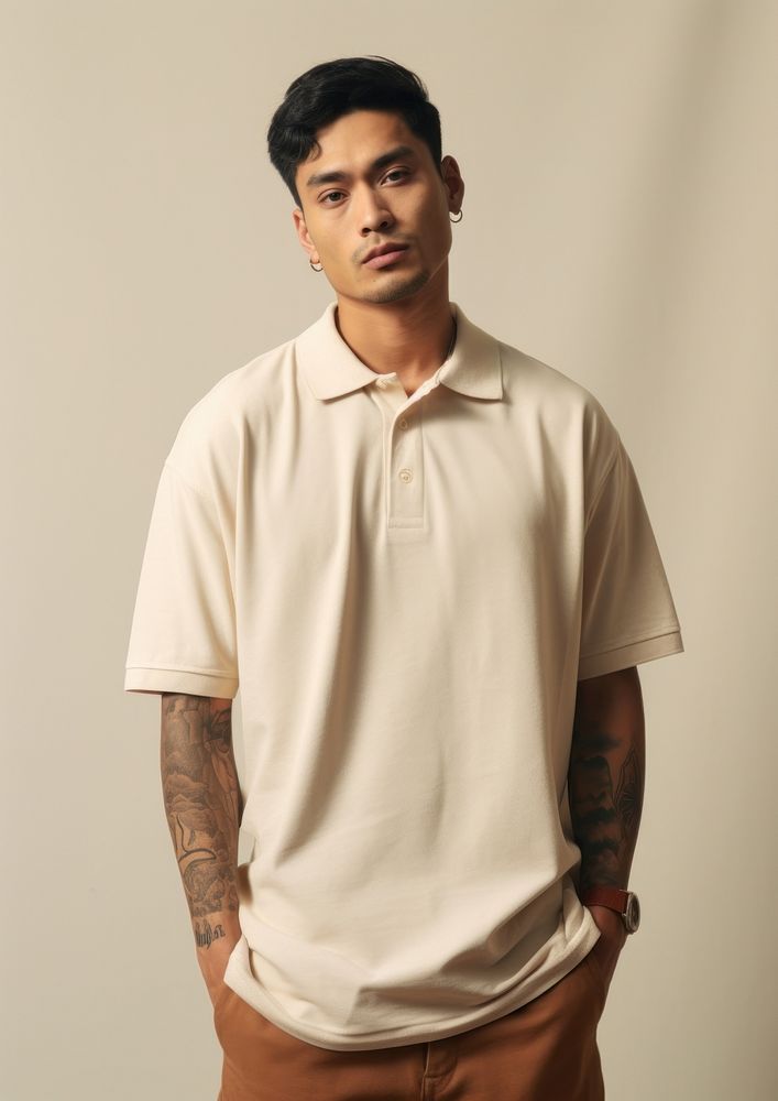 Cream polo shirt  portrait t-shirt fashion.