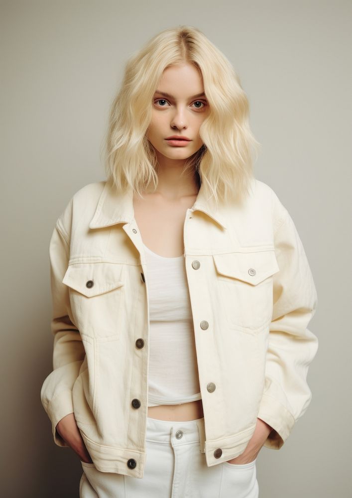 Cream denim jacket  fashion coat individuality.