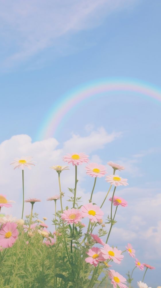Aesthetic flower and rainbow pastel on large pink blue sky landscape wallpaper outdoors nature plant.