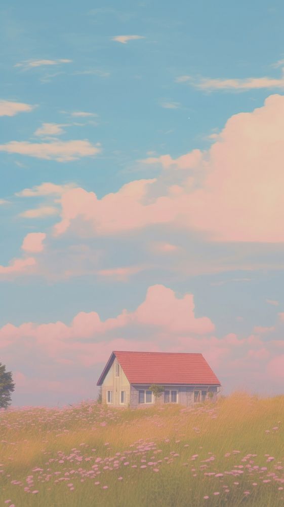 Aesthetic one house in meadow and large pink blue sky landscape wallpaper architecture grassland building.
