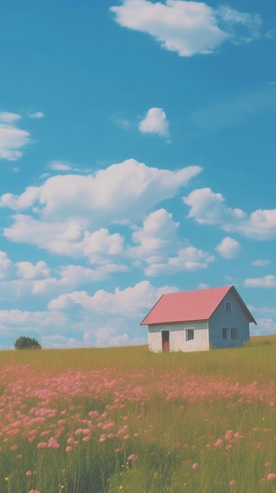 Aesthetic one house in meadow and large pink blue sky landscape wallpaper architecture grassland outdoors.