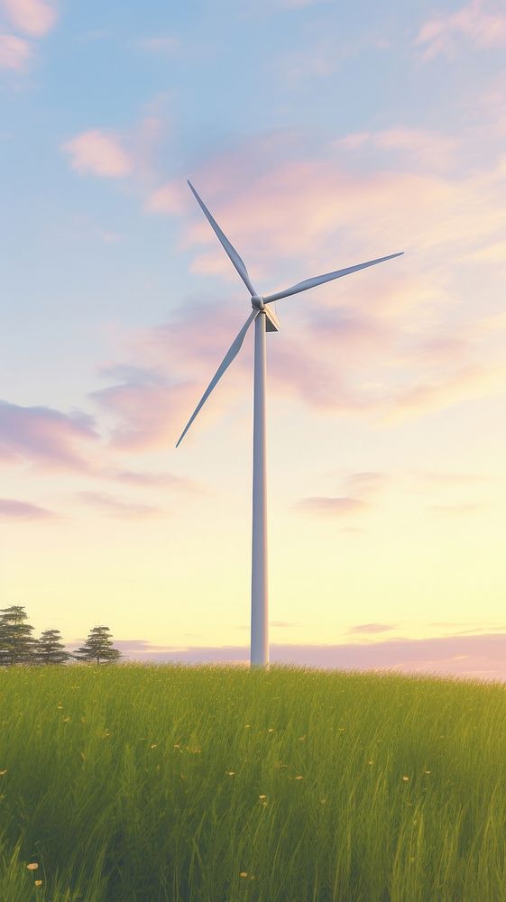 Aesthetic Wind turbine in green field and large blue sky sunset landscape wallpaper windmill outdoors machine.