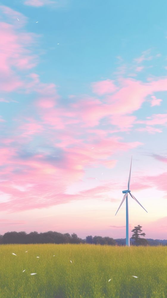Aesthetic Wind turbine in green field and large pink blue sky sunset landscape wallpaper outdoors windmill machine.