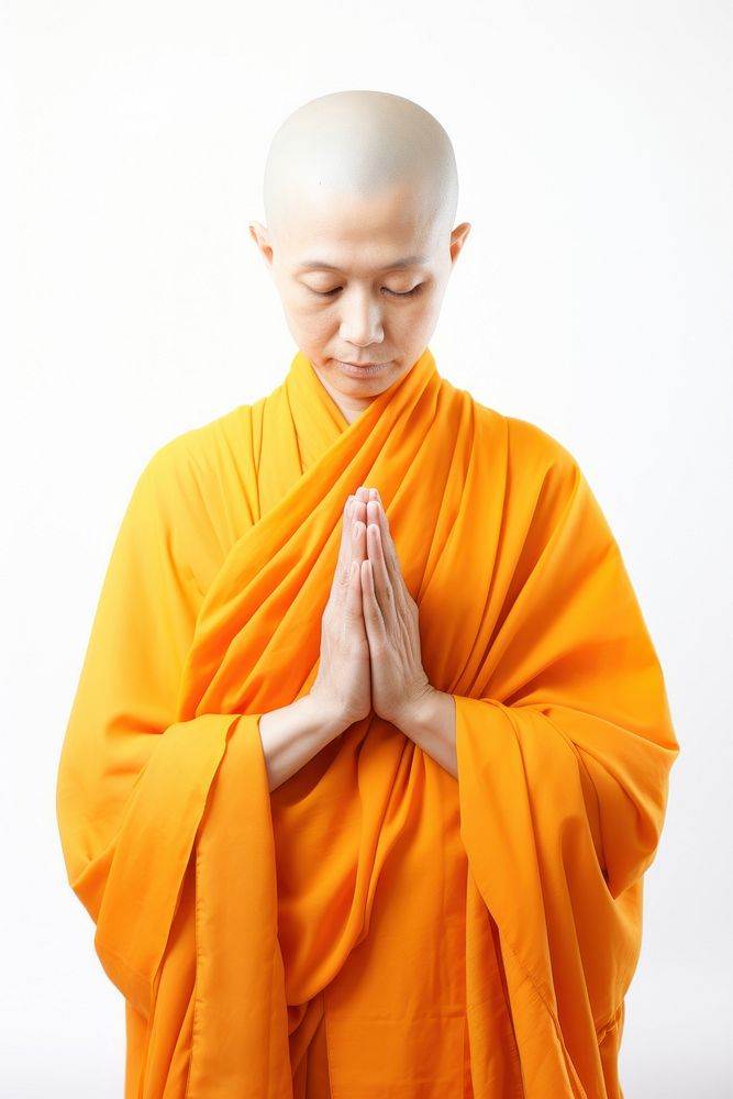 Asian Buddhist nun pray adult monk white background. AI generated Image by rawpixel.