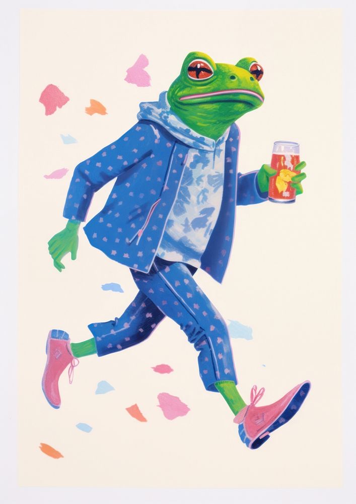 A cartoon Frog holding a pike of beer frog amphibian animal. AI generated Image by rawpixel.