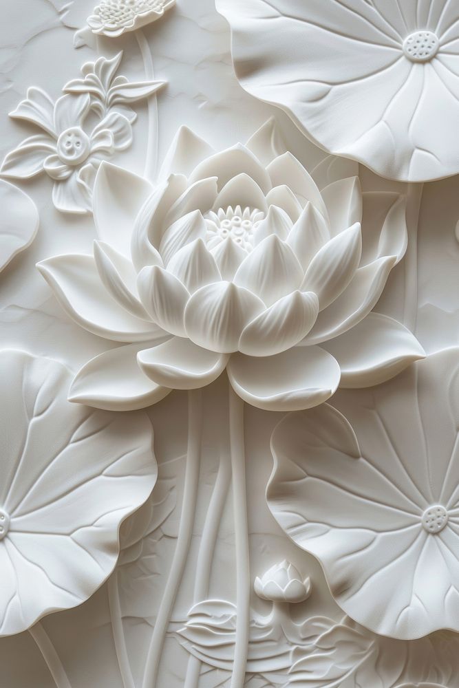 Bas-relief a lotus sculpture texture white backgrounds flower.