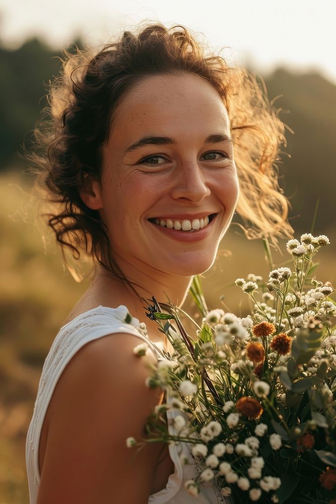 Holding flower bouqet portrait laughing outdoors. AI generated Image by rawpixel.