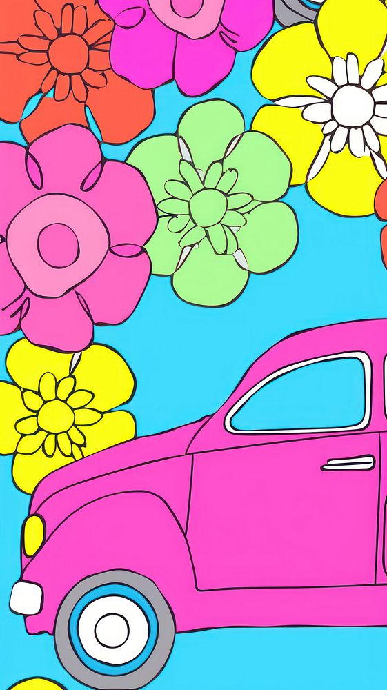  Car with flower on top vehicle cartoon pattern. AI generated Image by rawpixel.