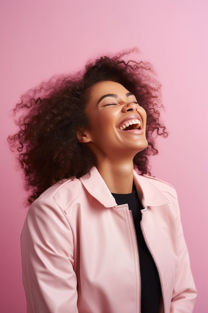 Happy woman wear jacket laughing fashion looking smile. AI generated Image by rawpixel.