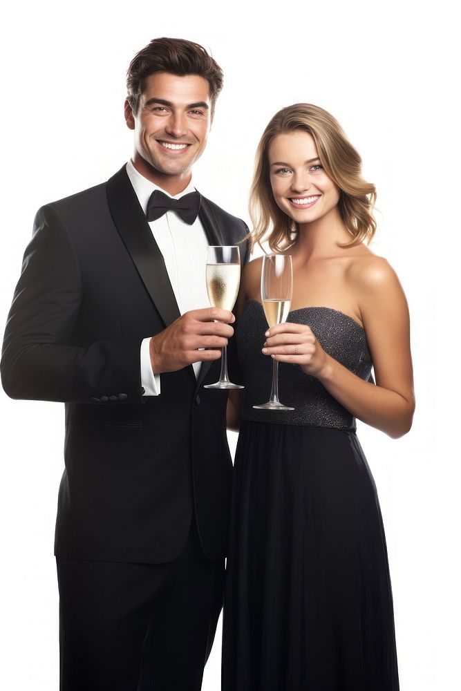 Happy couple holding a glass of wine portrait tuxedo dress.