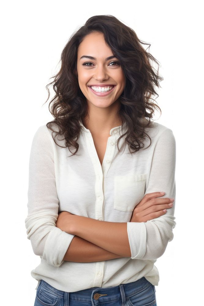 A woman wearing casual clothes portrait smiling looking.
