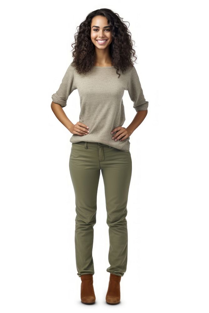 A woman wearing casual clothes footwear standing smiling.