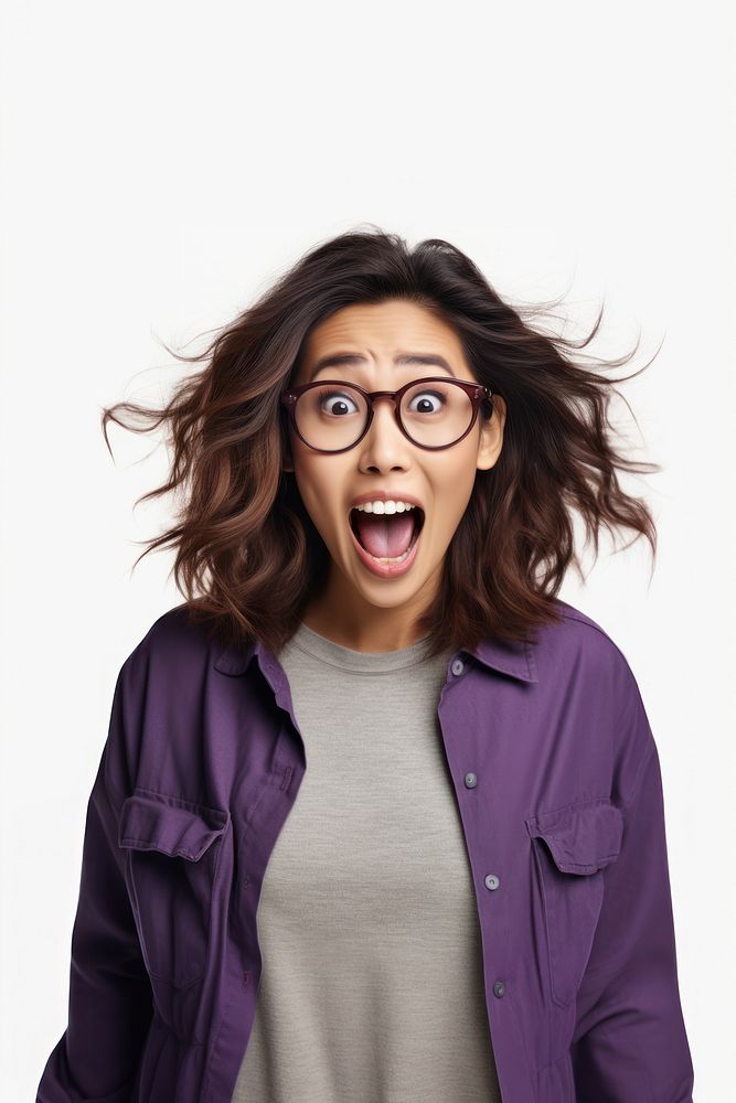 A Young asian woman in casual costume feeling shocked with surprise expression glasses adult white background.
